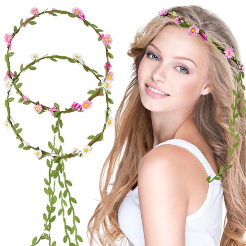 2pcs Bandeaux Fleur Couronne Guirlande Cheveux Artificiel Petite Marguerite Serre Tête Headband Floral Fleurs Séchées Accessoires de Coiffure pour Fête Mariage Femmes Filles