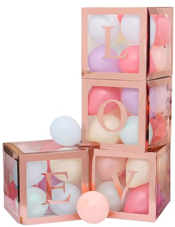 ohfruit Ballonglådor med bokstäver, 4 genomskinliga ballonglådor med kärlek, återanvändbar stapelbar kub dekorativ låda, ballongbox block bakgrund för fest bröllop födelsedag roséguld