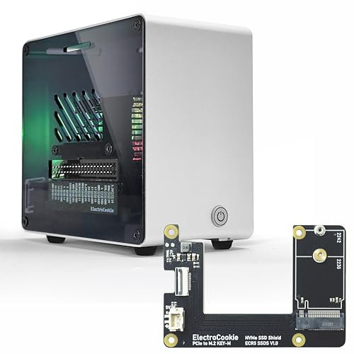 ElectroCookie Raspberry Pi 5 - Carcasa de aluminio para mini torre con M.2 NVMe SSD PCIe HAT y enfriador de iluminación RGB activo (plateado)