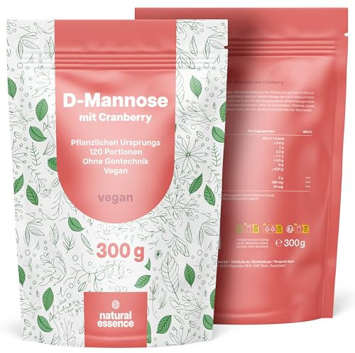 D-Mannose Pulver mit Cranberry – 300g hochdosiert & löslich in Wasser – 120 Tage Vorrat, vegan, produziert in Deutschland, laborgeprüft – Verpackung kann variieren