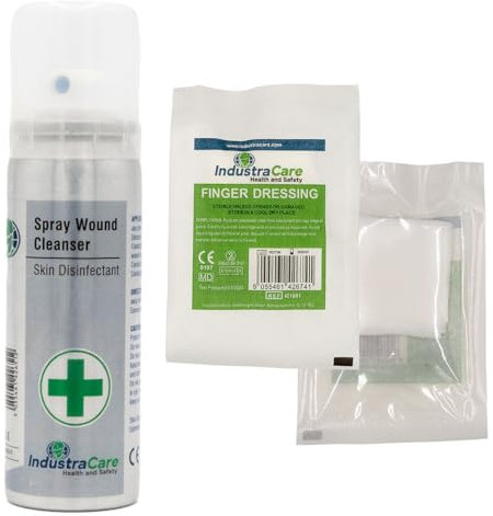 IndustraCare 70ml Spray Wound Cleanser & 10 Pack IndustraCare First Aid Sterile Finger Wound Bandage Dressing 3.5cm x 3.5cm - Clean & Disinfect Minor Wounds