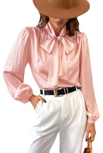 CUPSHE Satin Shirt Top for Women Bow Tie Long Sleeve Shiny High Neck Work Casual Blouses Pink M