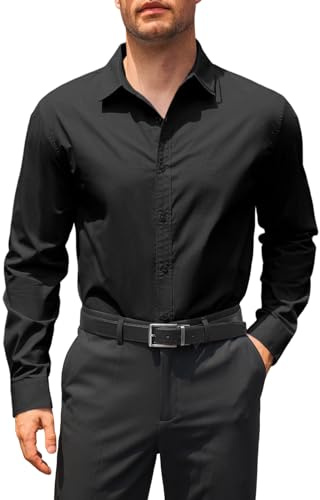 Runcati Camicia da uomo a maniche lunghe, Regular Fit, camicia da lavoro, tinta unita, cotone, camicie casual, formale, button down con bottoni, Nero , XXL