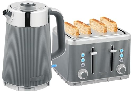 HOMCOM Electric Stainless Steel Kettle and Toaster Set, 3000W 1.7L UK Strix Thermostat Fast Boil Kettle w/Limescale Filter, Cool Touch Body, 4 Slice Toaster with 7 Browning Levels, Crumb Tray, Grey