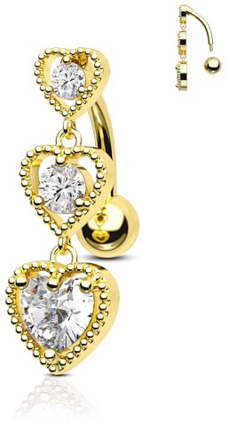 Agrewd Piercing Nombril Reverse 16G Cœur Pendant Bijou de Percing de Nombril Acier Chirurgical 316L Or Belly Bar CZ Clair Percing Nombril pour Femmes