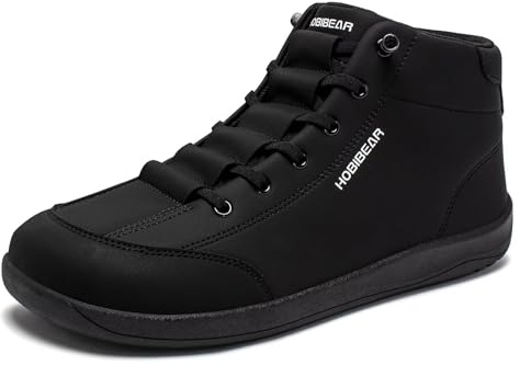 HOBIBEAR Leather Barefoot Boots Zero-Drop Wide Width Minimalist Shoes Unisex Mid Top Walking Boots(All Black Women 7,Men 6)
