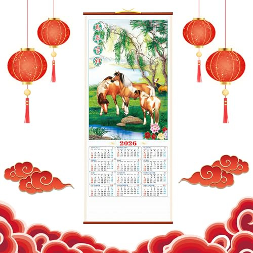 Favritt 2026 Chinese Lunar Calendar Scroll, Year of the Horse Wall Calendar with Zodiac Design for Home Office
