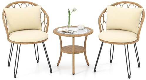 GIANTEX Ensemble de meubles de jardin en rotin, 3 pièces pour 2 personnes avec coussins pour siège et dossier, verre trempé et rotin PE, meubles d'extérieur pour terrasse et jardin