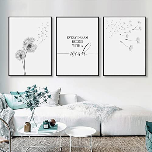 Trayosin 3er Poster Set Wohnzimmer - Aesthetic Blume Schwarz Weiß Bilder Deko Schlafzimmer - Pusteblume Leinwand Stilvolle Wandbilder - ohne Bilderrahmen (21x30cm)