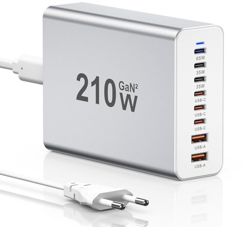 USB C-laddare, 210 W 8 portars laddningsstation, flera laddare, snabbladdare, laddningsadapter, kompatibel med iPhone 12/13/14/15, MacBook Pro/Air, Samsung Galaxy S23/S22/S21