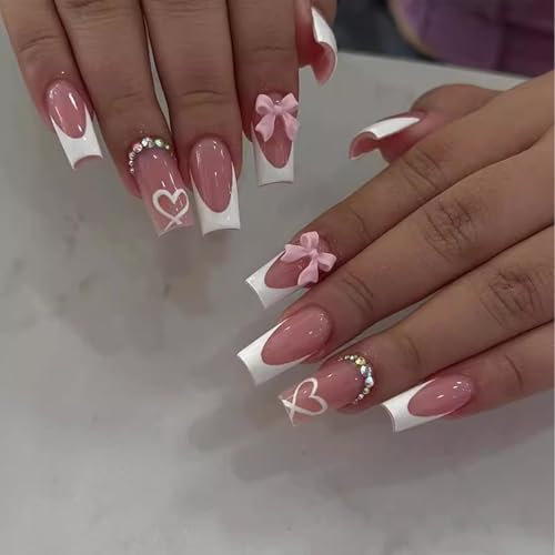 Goiern French Press on Nails with Charms Mittel Fake Nails Weiß French Nails Press ons Süße Schleife Klebenägel lang, Quadratisch Acrylnägel Herznägel Strassnägel