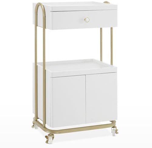BarberPub Salon Trolley with Universal Wheels, Storage Rolling Cart with Drawer, Barber Shop Tool Organizer for Hair Stylist, SPA Metal Trolley for Storing Skin Cosmetics 2074 (White)