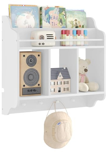 WOLTU Bücherregal Kinder, Wandregal Schweberegal Hängeregal Kinderzimmer, schwebendes Regal für Stereoanlage Kompaktanlage, mit 1 Oberfach 3 offenen Fächern 4 Haken, Weiß