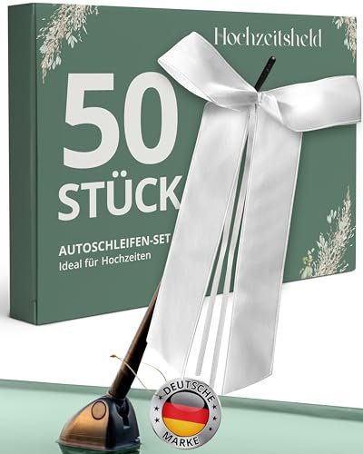 HOCHZEITSHELD Autoschleifen Hochzeit 50 Stück als Hochzeitsdeko Auto - Schöne weiße Schleifen perfekt geeignet als Autoschmuck Hochzeit und zur allgemeinen Hochzeitsdekoration, Auto-Deko Hochzeit