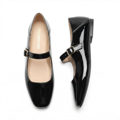 DREAM PAIRS Zapatos Planos para Mujer Mary Jane de Punta Cuadrada Cómodos y Casual Zapatos de Vestir Slip On Bailarinas con Correa de Hebilla para Trabajo,Size 41.5,Pat Negro,DWUMFA2520