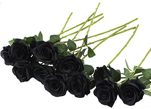 Woltoy 12 Stück Künstliche Rosen, Single Stem Schwarze, Natürliche und Schöne Fake Rose Bouquet, Künstliche Schwarze Blumen für Heimwerkerzimmer Wohnzimmer Garten Hochzeit Partydekoration