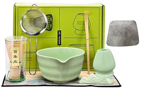 Cyiecw 8 Stück Matcha Besen Set - Matcha Schale mit Ausgießer, Matcha-Schneebesen (Chasen), Sieb, Bambuslöffel, Matcha Besen Halter, Löffelhalter und Handtuch, Ceremonial Grade