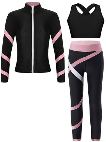 Oyolan Barn flicka sport set träningsoverall jacka linne leggings gym outfit gymnastik skridskoåkning dansträning 5–16 år, D svart och rosa, 9-10 �r
