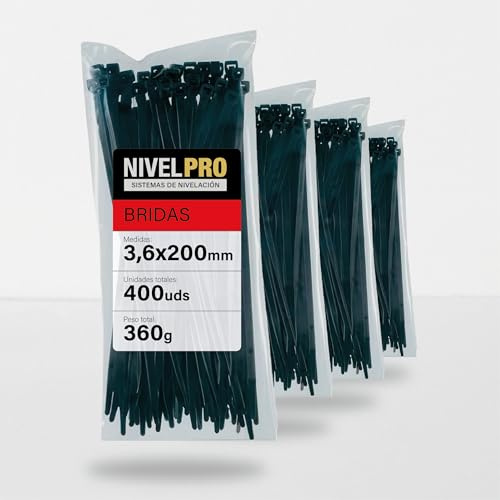 NIVELPRO Bridas Negras 3,6 x 200 mm, 400 uds, Nylon UV Interior y Exterior