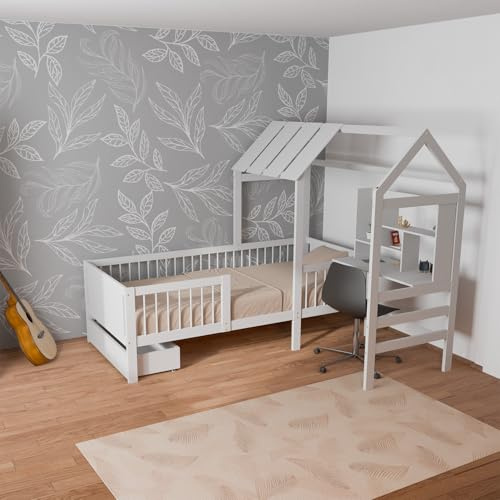 Juskys Kinderbett Yari 90x200 cm - Einzelbett mit Schreibtisch & Schublade, Kiefernholz & Langlebige Materialien, Verspieltes Haus-Design - Weiß