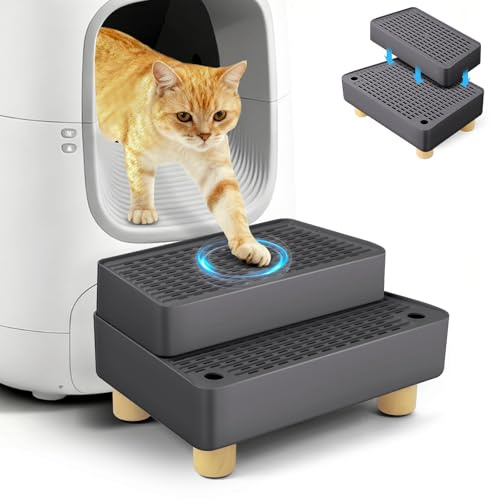 Bartuke Rampe à litière extra large à 2 marches avec pieds en bois, fonction filtre, tabouret à pied pour litière autonettoyante, convient aux chats et chats âgés (gris foncé)