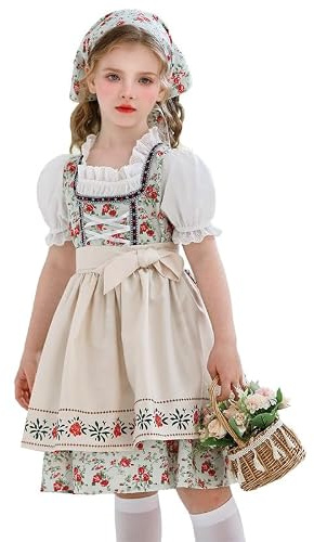 Boodtag Girl’s Bavarian Oktoberfest Lolita Maid Costume Set Chic Elegant Short Puff Sleeve Traditional Floral German Dirndl Dress with Apron Headscarf for 5-14 Years Red