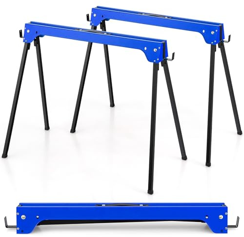 COSTWAY Folding Saw Horse Twin Pack, Heavy Duty Work Bench with 2 x 4 Support Arms & Carry Handle, Fully Assembled Trestle Stands Sawhorse, Max Load 454kg/1000kg (454kg, Blue, Metal, 92x48x74cm)