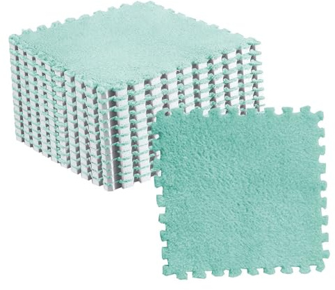 Sonew Sea Blue Plush Puzzle Floor Foam Mat Tiles - 10pcs Interlocking Carpet for Kids Bedroom & Playroom, & Non-Slip (Green)