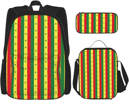 YIJIAYUN 3 st skolväsentliga senegals flagga tryckset för studenter: skolväska + pennfodral + lunchväska kombination