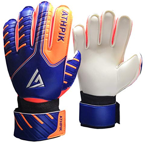 ATHPIK Soccer Goalie Gloves, Junior Indoor & Outdoor Goalkeeper Gloves with Finger Spines Protection and Strong Grip for Kids, Youth, Girls and Boys(Blue,Size 7)