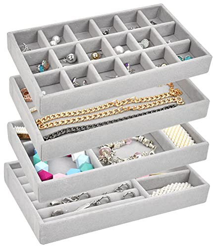 TIMESETL 4Stück Schmuck Organizer Schmucktablett Stapelbare Schmuckschatulle Schmuckkasten aus Lint, Schmuckeinsatz Vitrine Schmuck Display Aufbewahrung für Ohrringe Halskette Armband Ringe