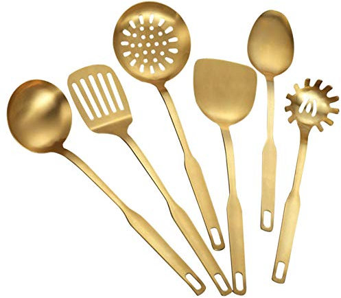 Set di utensili da cucina, 6 pezzi, in acciaio inox, sicuro da cucina, per uso domestico, adatto per pentole e padelle antiaderenti (oro)