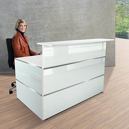 Schrank & Stuhl Empfangstresen | Empfangstheke Satinglas 4 - Beratungstheke für den Empfangsbereich | 108 x 140 x 92 cm (HxBxT) mit Taschenablage