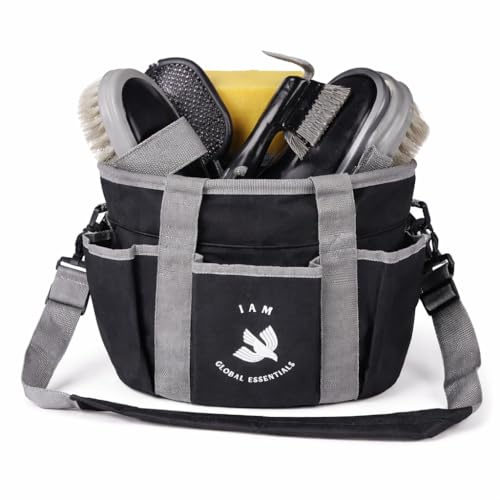 Premium Grooming Kit (9 Piece) - Organizer Tote Bag with Brushes for Tack Room - Nylon & Plastic Brushes for Horses - Perfect for Beginners or Professionals