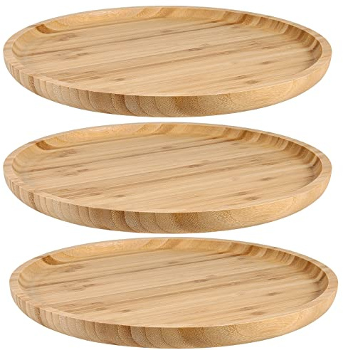 JOIKIT 3 Pack 10 Inch Bamboo Round Platter, Fine Polished Round Wood Plates Bamboo Serving Tray for Holding Fruit, Bread, Cheese, Nut, Coffee, Tea, Plant Saucer