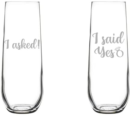 MIP Set of 2 Glass Champagne Flutes Sparkling Wine Glasses Gift I Asked I Said Yes Engagement (8.5 oz Stemless)