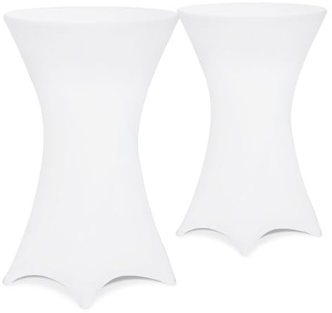 DETEX® Stehtisch Hussen Ø 60-65cm Weiß 2er Set Rund 30°C Waschbar Verstärkte Standfüße Knitter- & Bügelfrei Stretch Stehtischhusse Hochzeit Party Deko