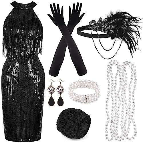 PLULON Abito anni '20 con frange di paillettes e perline con set di accessori ruggenti anni '20 Abito Gatsby con scollo a V con copricapo di piume Guanti Collana Orecchini dorati per donna