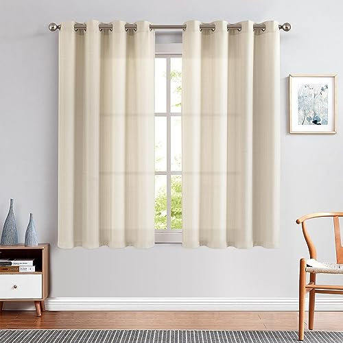 TOPICK Cortina para Cocina con Cortinas con Ojales Beige Modernas de Cocina Cortas Semitransparentes con Aspecto de Lino Rústico para Ventana de Comedor Juego de 2 Unidades 130 x 145 cm