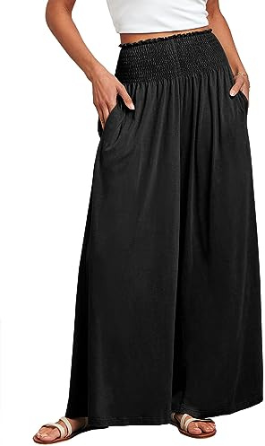 ANRABESS Women Palazzo Pants Summer Boho Bagyy Wide Leg High Smocked Waist Casual Loose Lounge Pant with Pocket Black Small