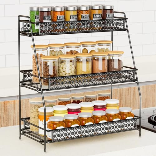 Bridgify Black Alloy Steel Countertop Organizer, 15.94 inches, Kitchen & Bathroom Spice Rack, Makeup & Skincare Storage, 3 Tiered Shelves