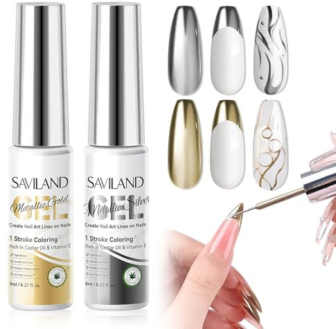 SAVILAND Metallic Gel Nail Polish Liner Ultra-Smooth: 2Pcs Silver&Gold Metallic Gel Liner Nail Art VE Castor Oil Mirror Chrome Effect Gel Polish Nail Charms Supplies Salon DIY Manicure Curing Require