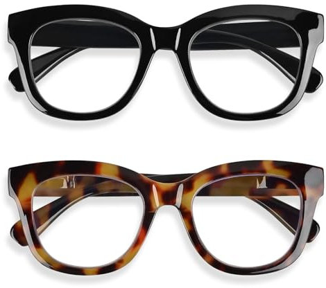 Areyeth 2er-Pack Lesebrille Damen Herren, Lesebrille Mit Blaulichtfilter Übergroße Rund Mode Brillen(schwarz+gelbe Schildkröte 2.5X)
