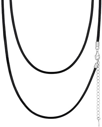 PROSILVER Collier Cuir Noir Femme 46cm, Chaîne Cordon Fine 2mm avec Fermoir Argent pour Pendentif