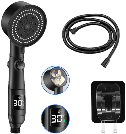 Pommeau de Douche à Affichage Numérique,Pomme Douche Economiseur Universelle Douchette,5 Modes Pomme de Douche avec Support de Douche et Tuyau de 1,5 m