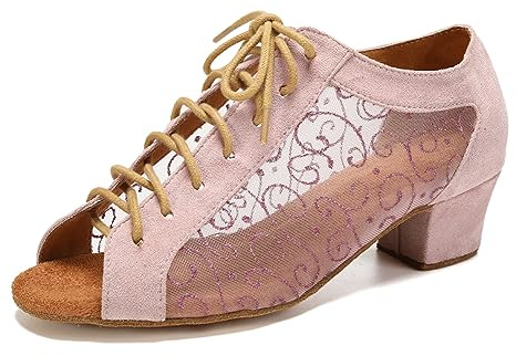 VCIXXVCE Women's Latin Dance Practice Shoes Pink Peep Toe Ballroom Salsa Tango Dance Shoes Low Heel, 7.5 UK