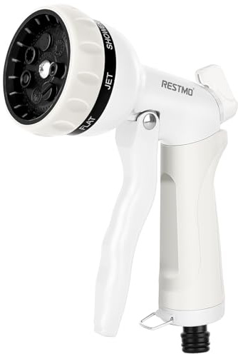 RESTMO Hose Pipe Spray Gun, Heavy Duty Garden Hose Spray Gun, High Pressure Hose Nozzle, Metal Hand Sprayer with 7 Patterns and Water Flow Control, Ideal to Water Plant & Lawn, Wash Car & Pet, White