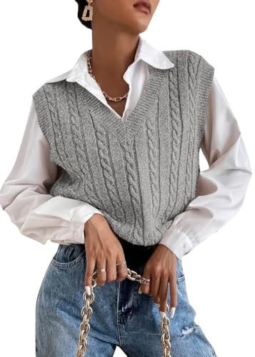shownicer Gilet Pulls sans Manche Femme Chaud Femme Pull en Tricot Gilets Col V Sweater Casual Basique Automne Hiver A Gris M