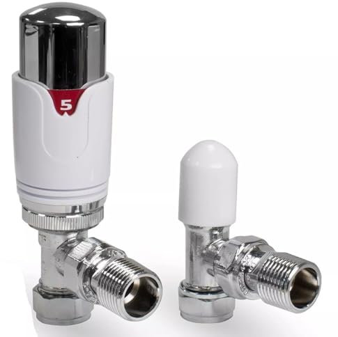 TC Angled Thermostatic Radiator Valve TRV & Lockshield 15mm x 1/2 Drayton TRV4 Style Chrome White Angle Pack EM