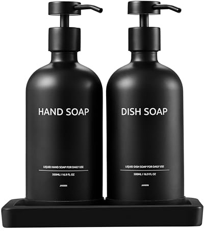 Janxin Dispensador Jabon Cristal, 500 Ml Glass Bath Soap Dispenser, Dispensadores De Gel y Champu, con Plato De Cerámica, Apto para Gel De Ducha, Champú (Botella Negra + Cabeza Negra)